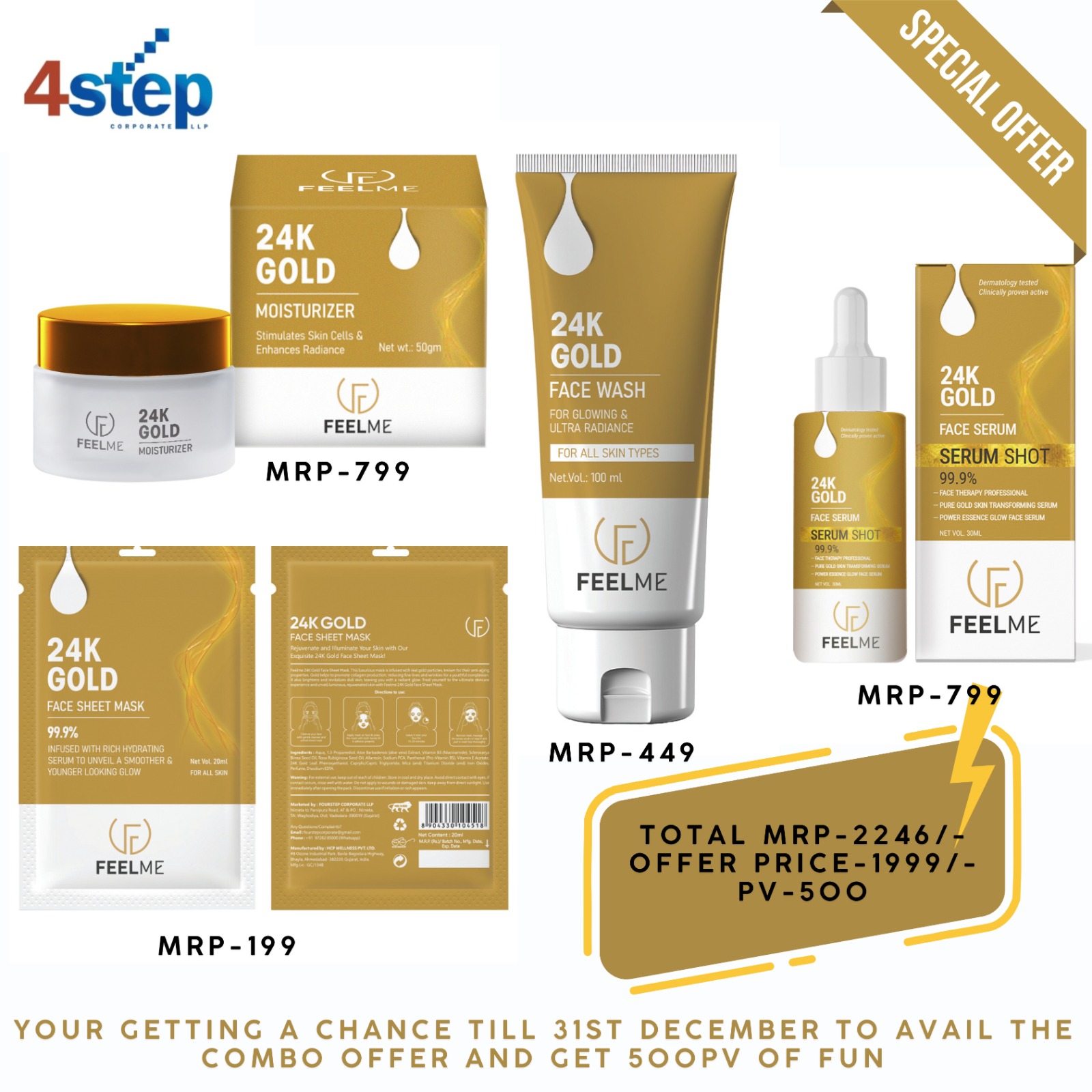 24k Gold Moisturizer + Face Wash + Face Serum + Face sheet Mask 